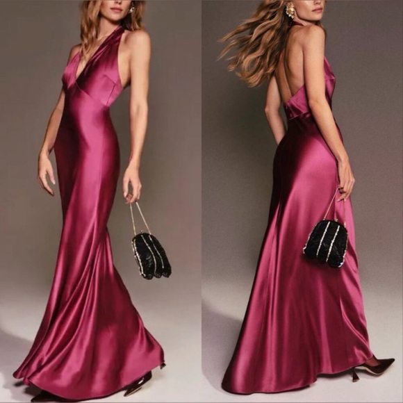 Reformation Dresses & Skirts - NWT NEW Reformation Daniela Silk Maxi Deep V Halter Dress Hibiscus Tea Pink